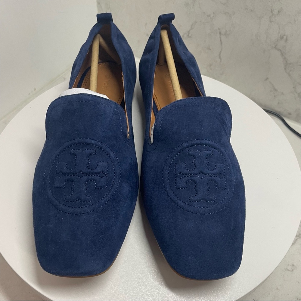 Tory Burch Blue Suede Flats with Embossed Logo